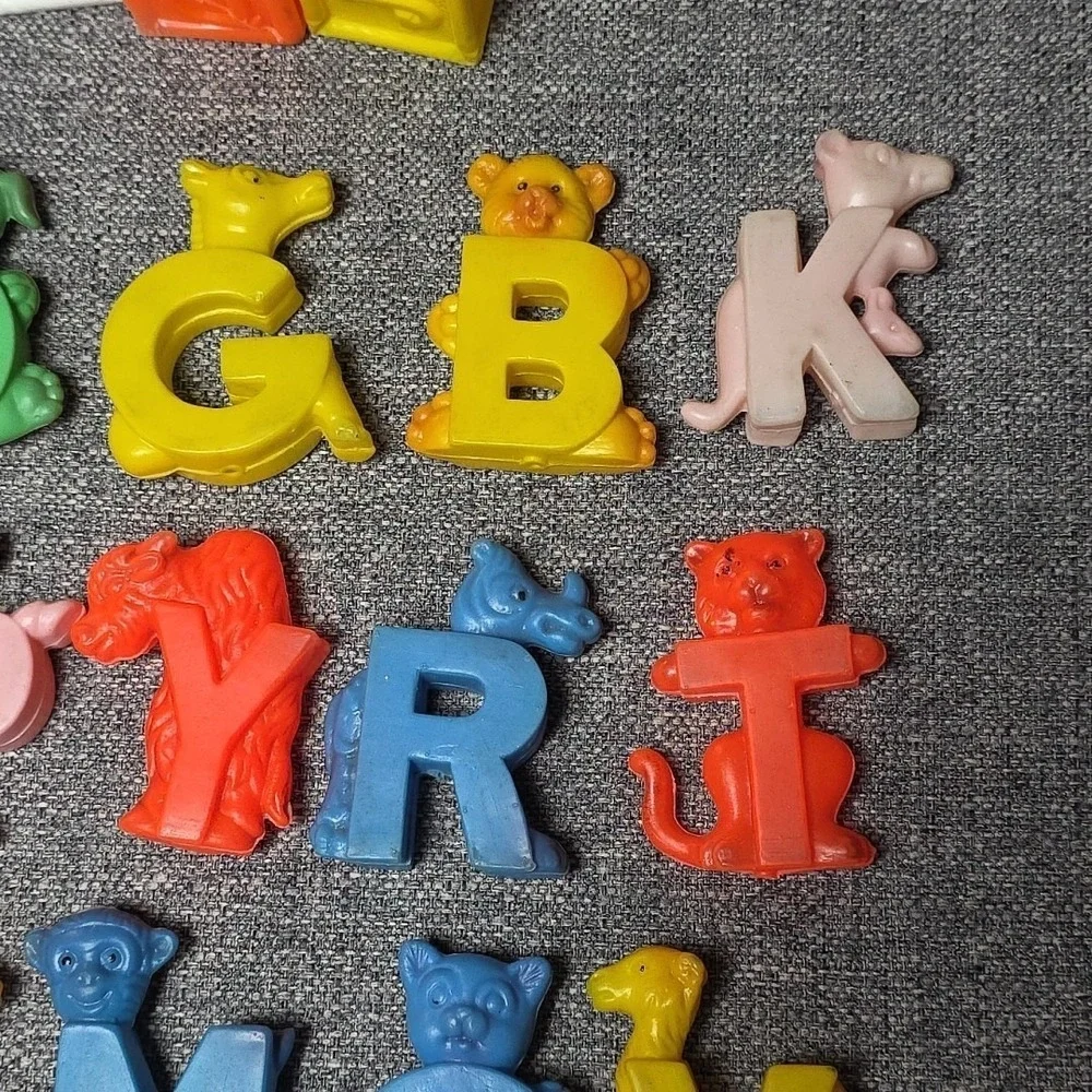 Vintage Blow Mold Soft Plastic ABC Letters Blocks Animals Nursery Toy Decor 60's